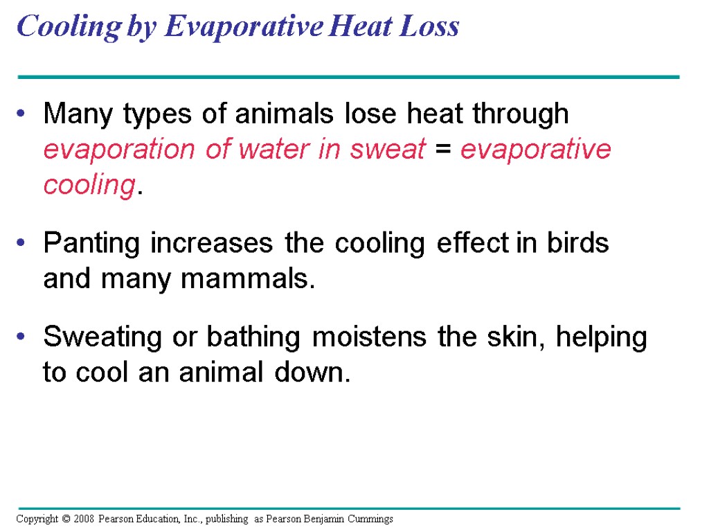 Cooling by Evaporative Heat Loss Many types of animals lose heat through evaporation of